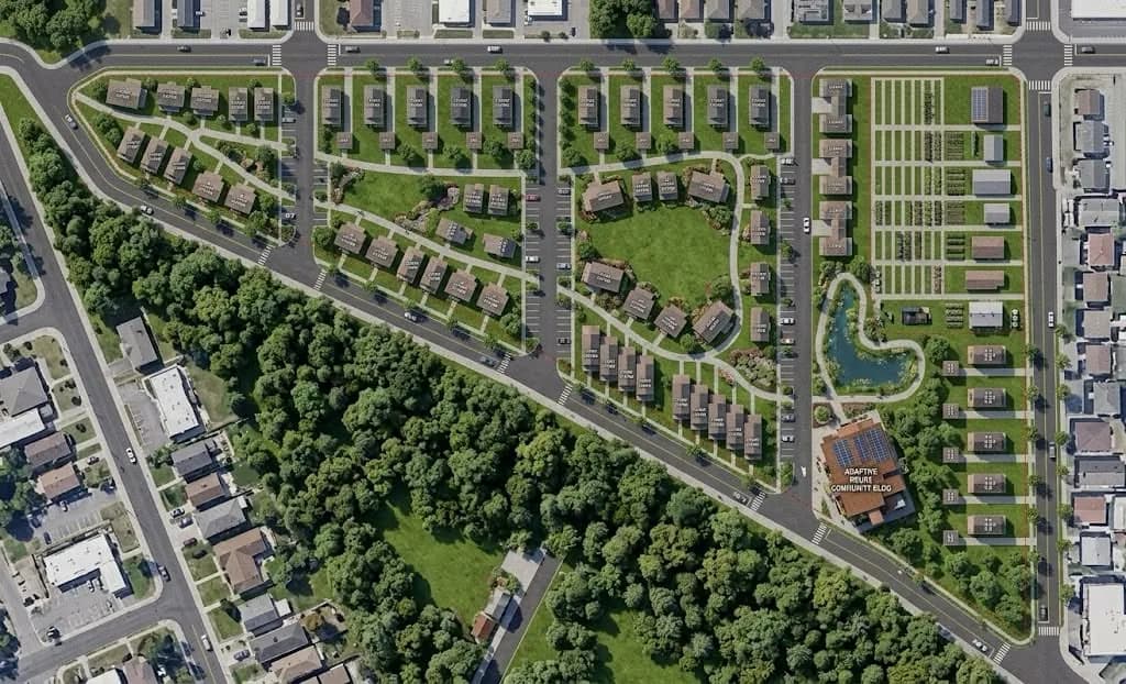 Aerial rendering of the proposed C.O.R.A.L. Petersburg cottage-court neighborhood overlaid on the site context
