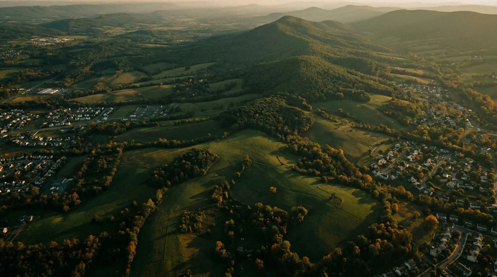 Aerial view of Virginia countryside and neighbourhoods at golden hour