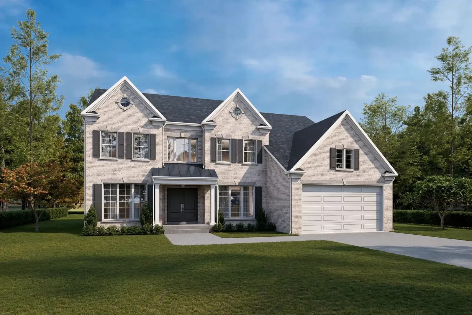 Architectural rendering of a Token Valley new-construction residence with a brick facade and landscaped lawn