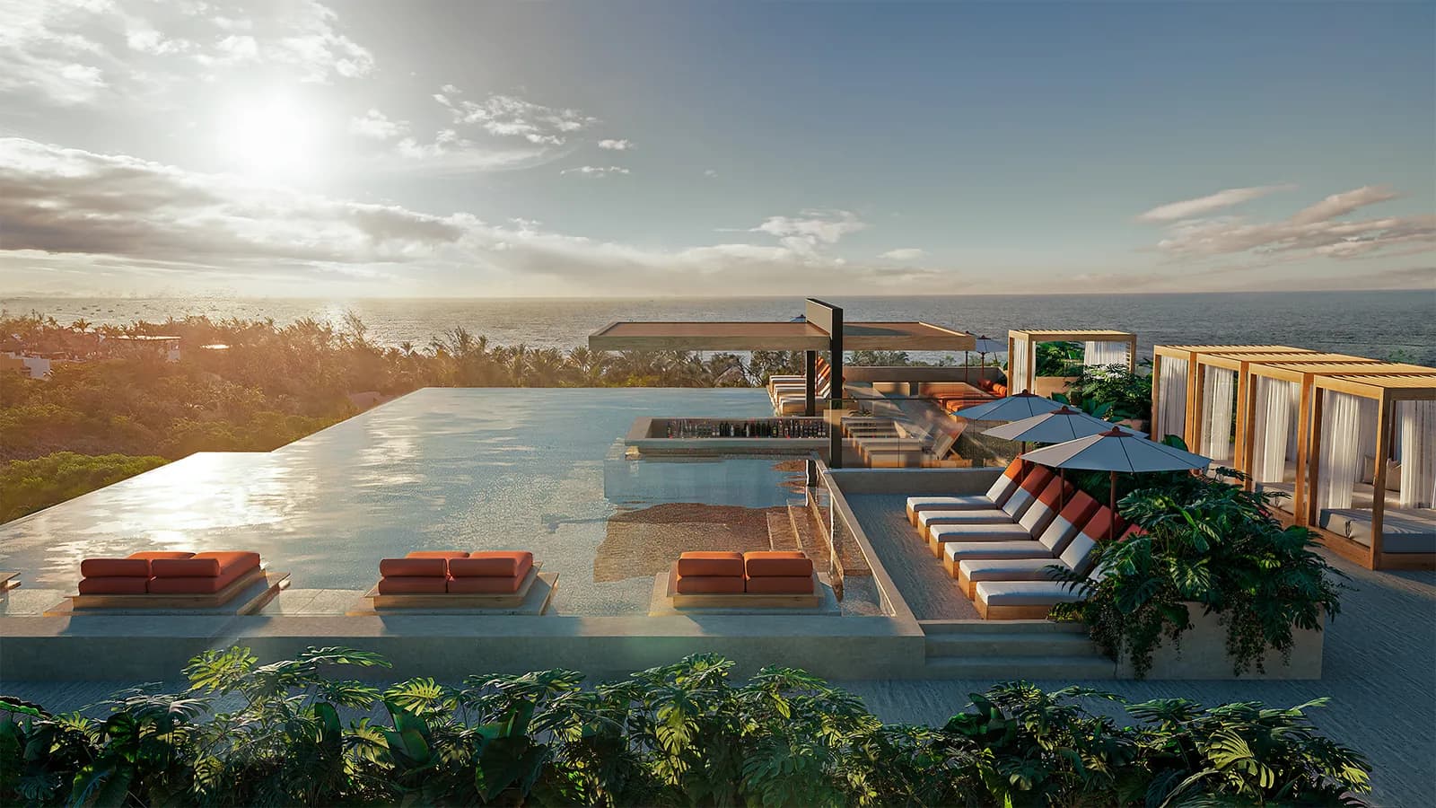 Rendering of the resort pool terrace overlooking the Caribbean at Viceroy Residences Playa del Carmen